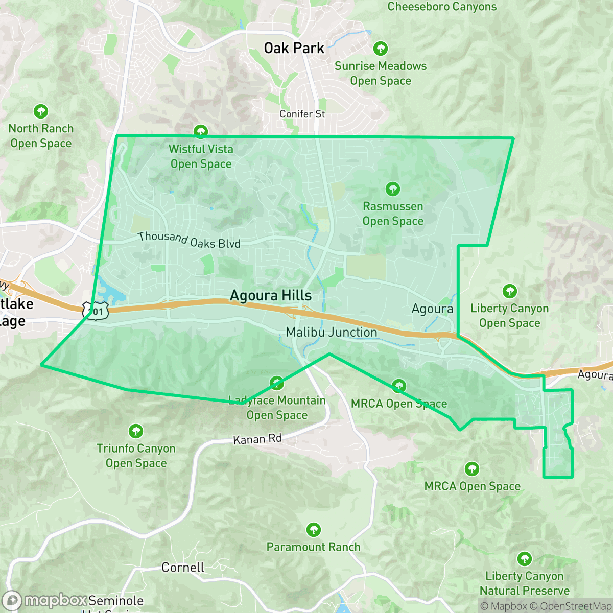 Map showing the location of Agoura Hills, CA — coverage area