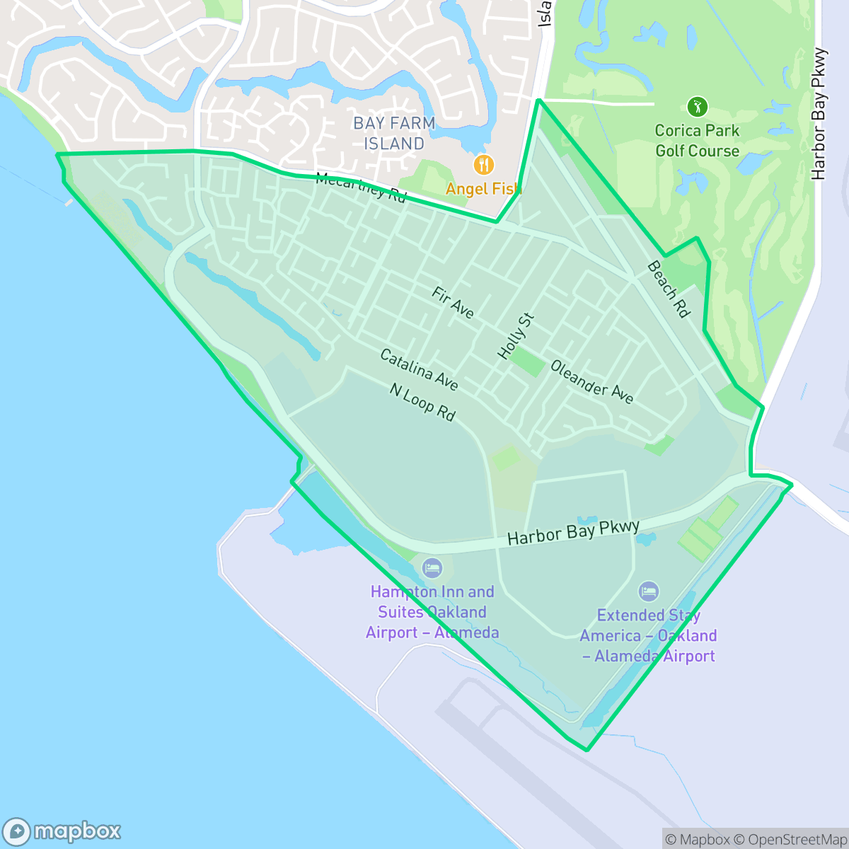 Map showing the location of Bay Farm Island, Alameda, CA