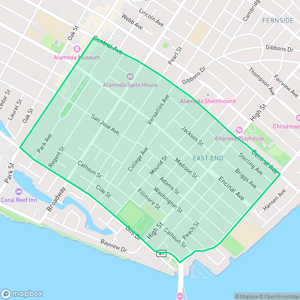 Map showing the location of East End, Alameda, CA