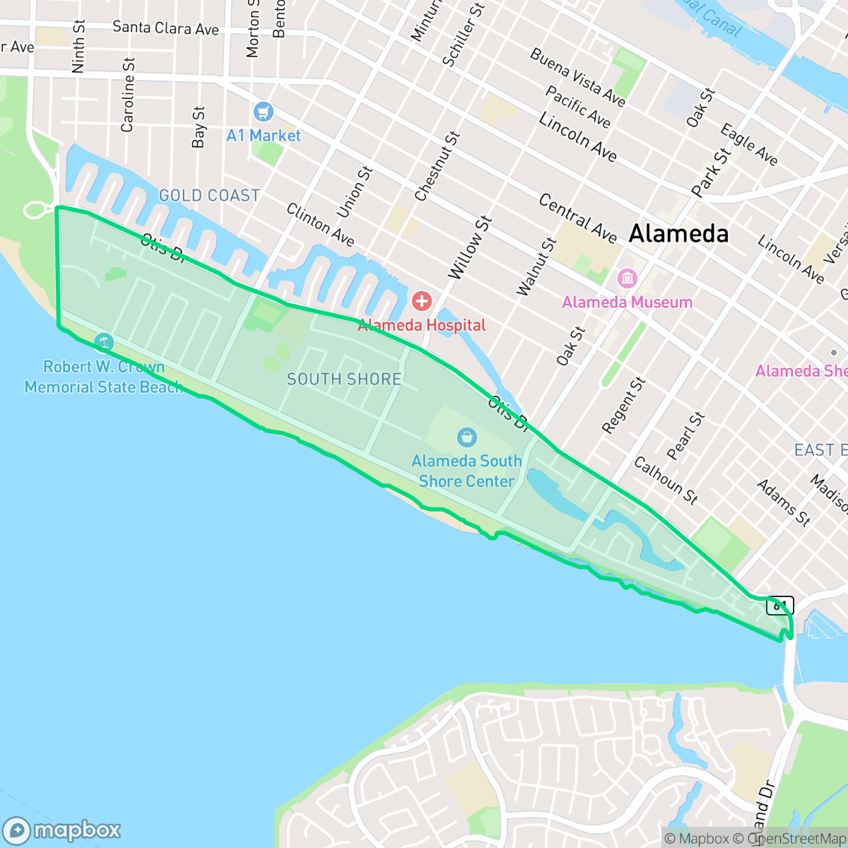 Map showing the location of South Shore, Alameda, CA