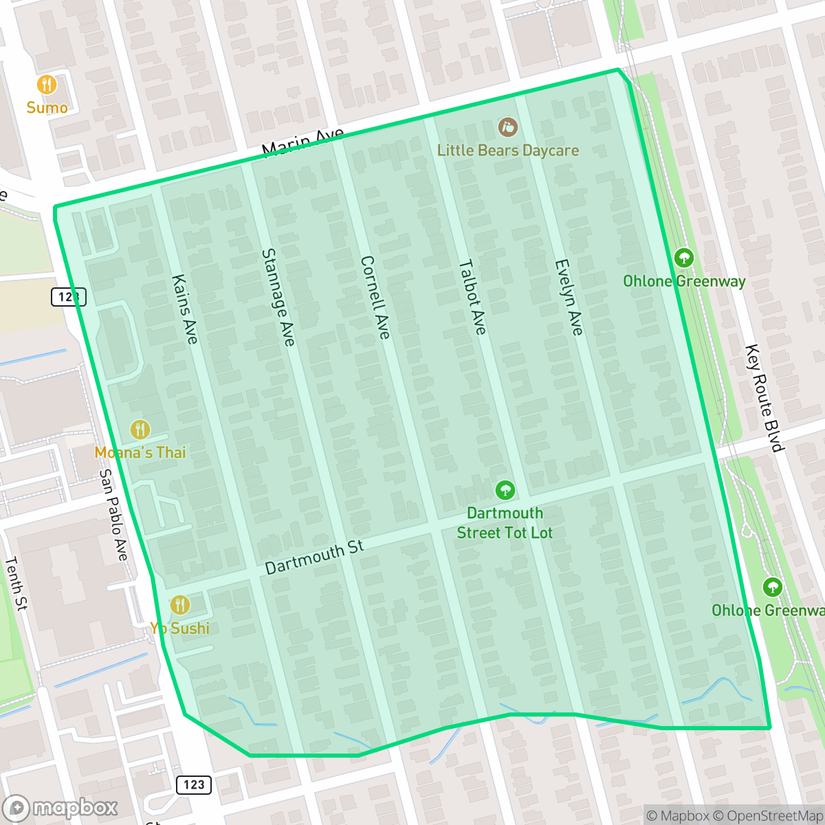 Map showing the location of Dartmouth, Albany, CA
