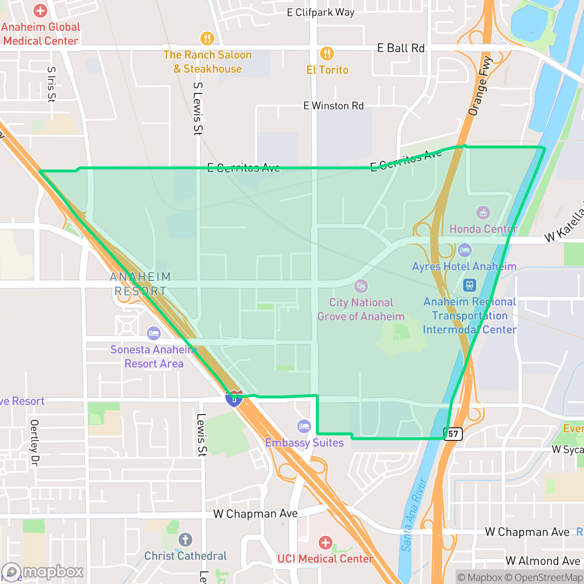Map showing the location of Platinum Triangle, Anaheim, CA