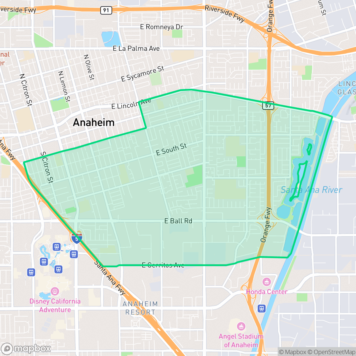 Map showing the location of Southeast Anaheim, Anaheim, CA