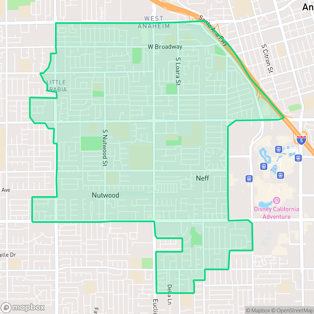 Map showing the location of Southwest Anaheim, Anaheim, CA
