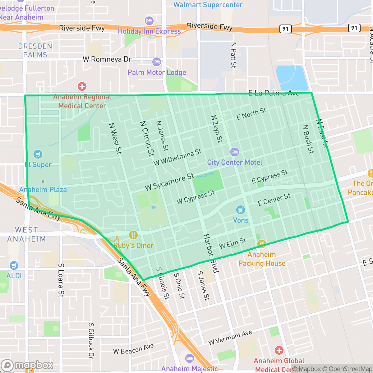 Map showing the location of The Colony, Anaheim, CA