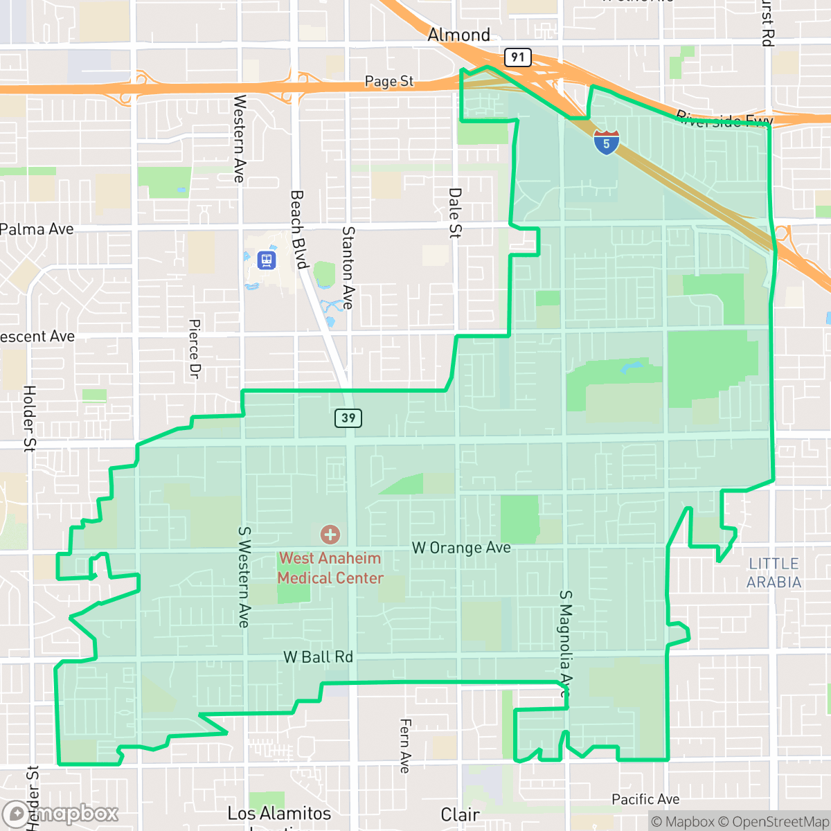 Map showing the location of West Anaheim, Anaheim, CA