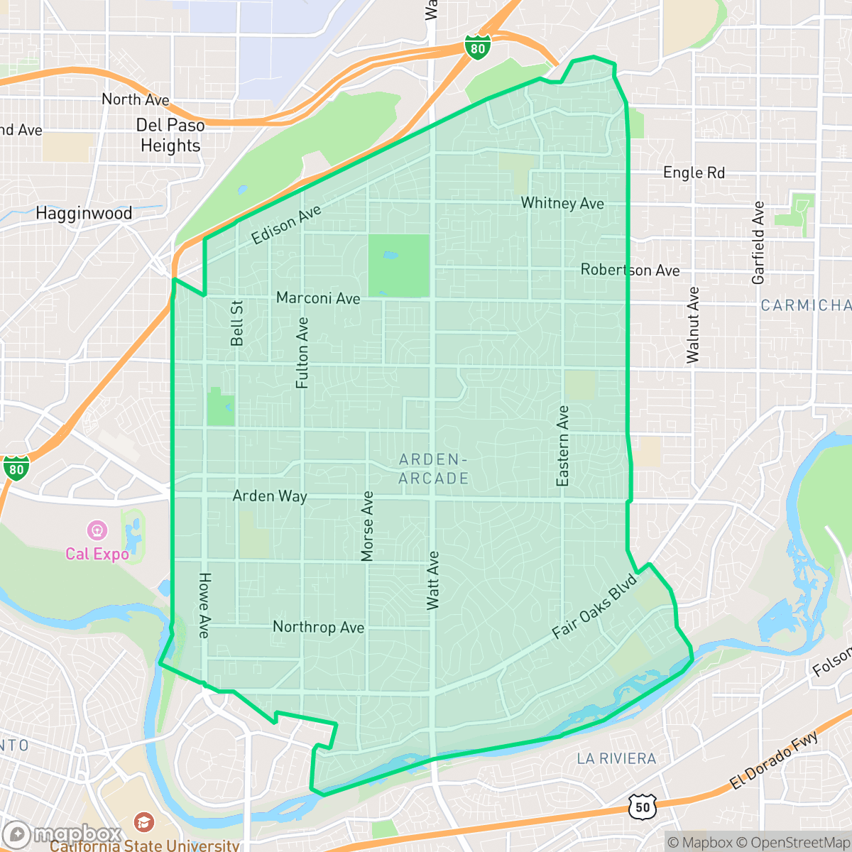 Map showing the location of Arden-Arcade, CA — coverage area