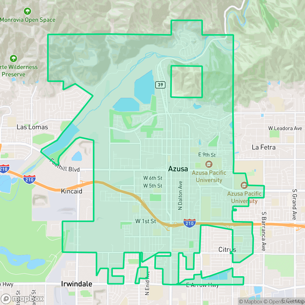 Map showing the location of Azusa, CA — coverage area