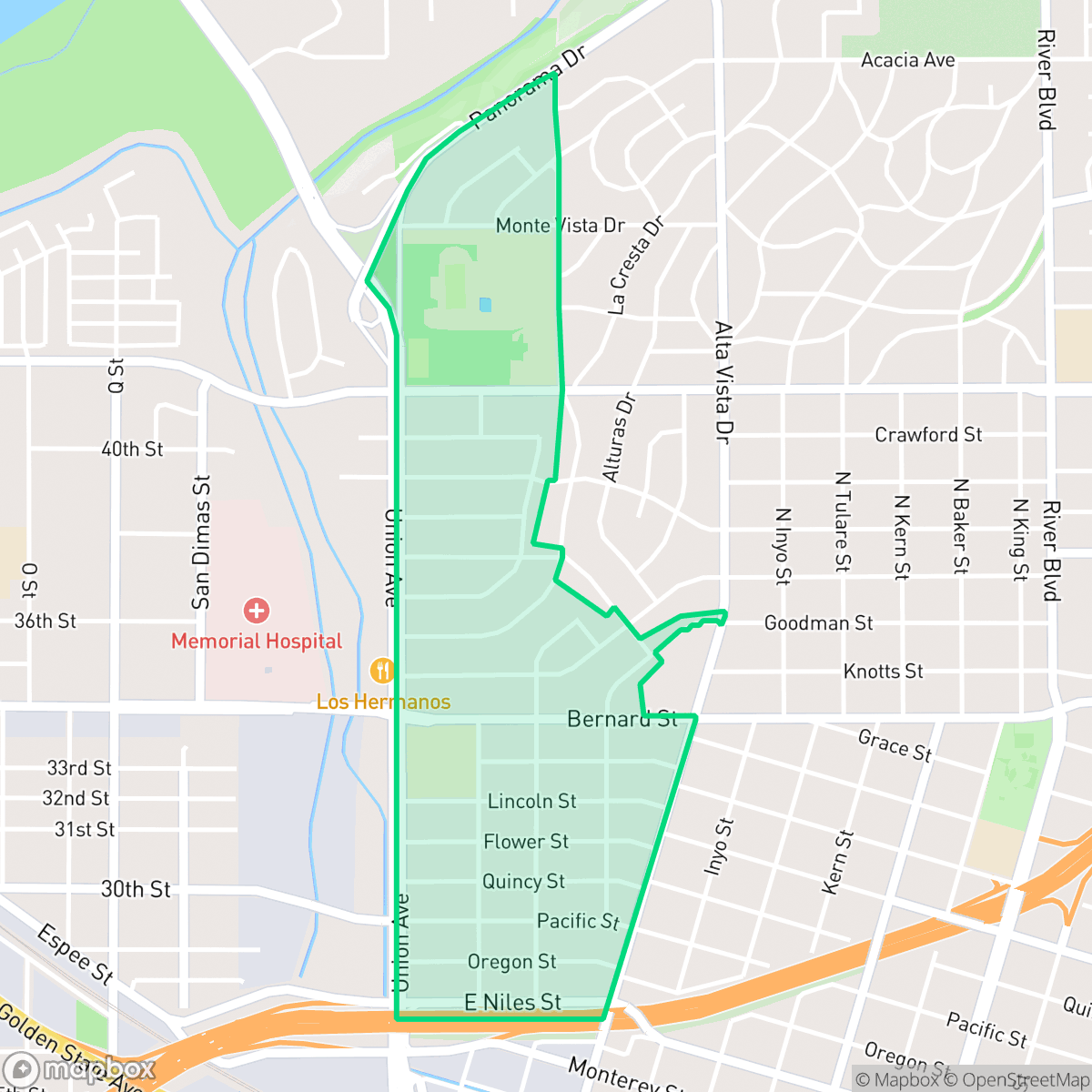 Map showing the location of Baker Street, Bakersfield, CA