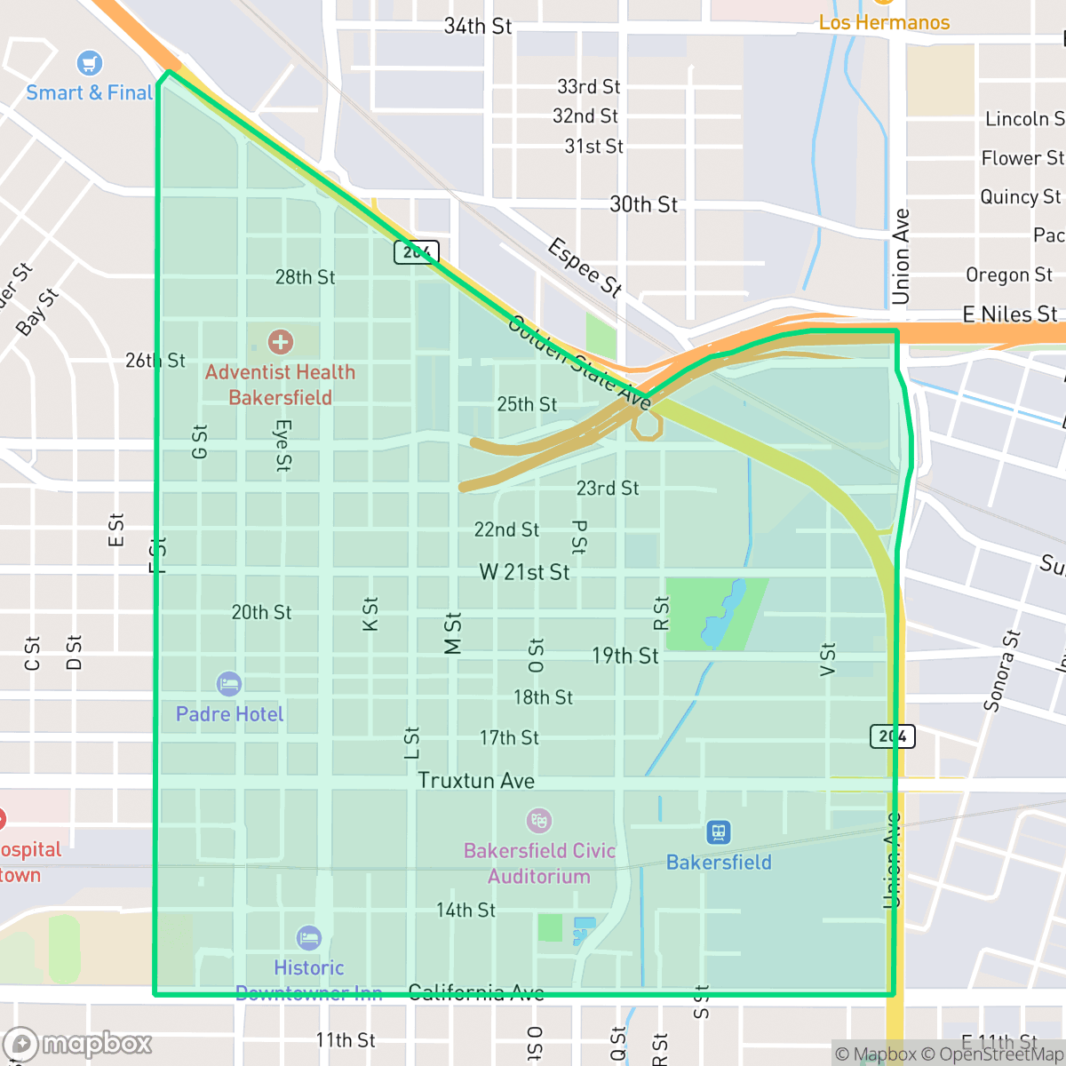 Map showing the location of Downtown, Bakersfield, CA