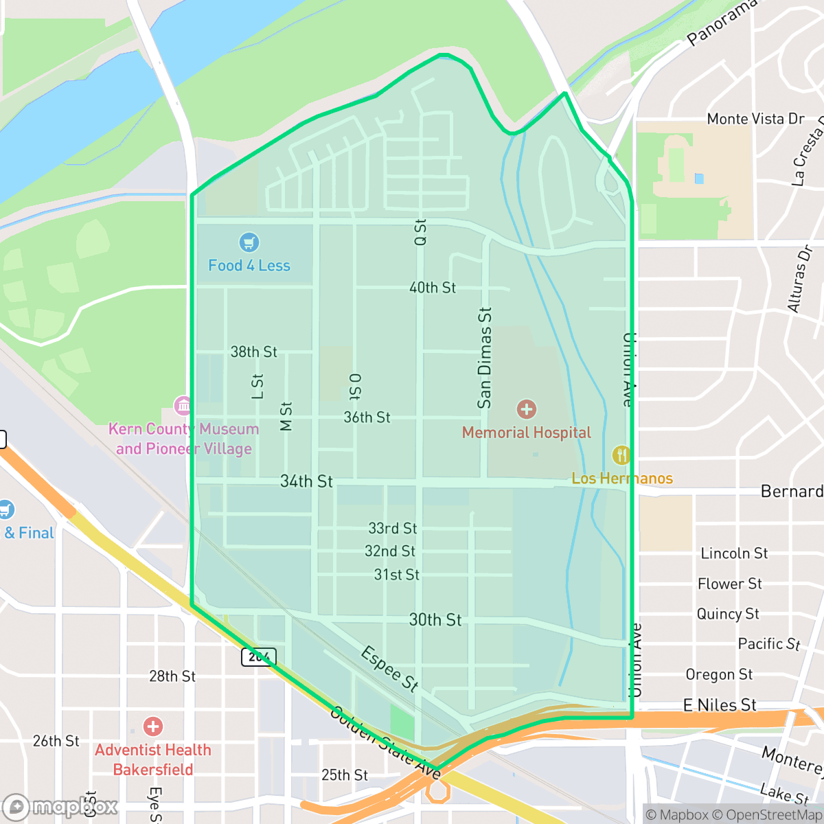 Map showing the location of Homaker Park, Bakersfield, CA