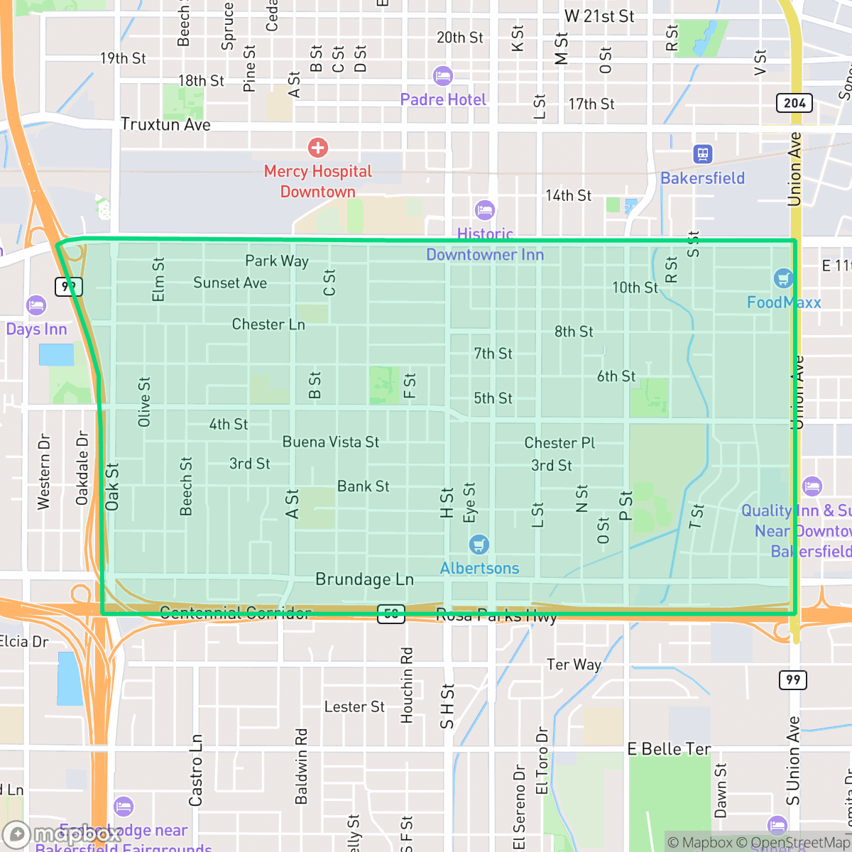 Map showing the location of Oleander Sunset, Bakersfield, CA