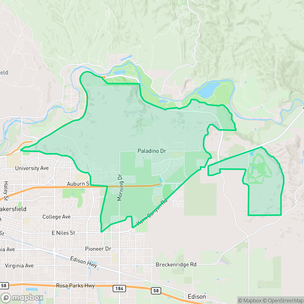 Map showing the location of Rio Bravo, Bakersfield, CA