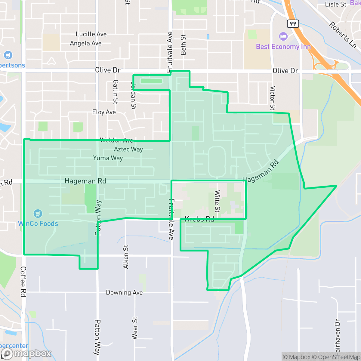 Map showing the location of South San Lauren - Fruitvale, Bakersfield, CA