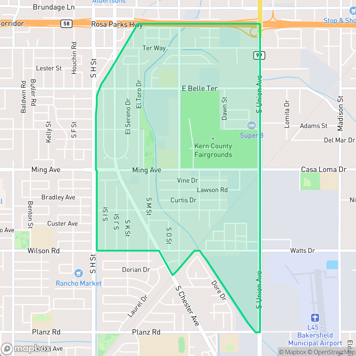 Map showing the location of Southgate, Bakersfield, CA