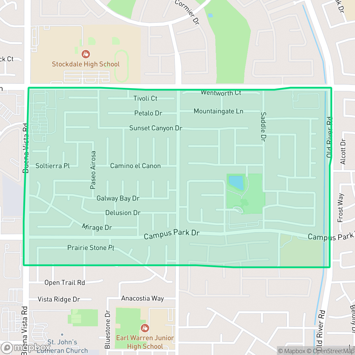 Map showing the location of Tevis Ranch, Bakersfield, CA