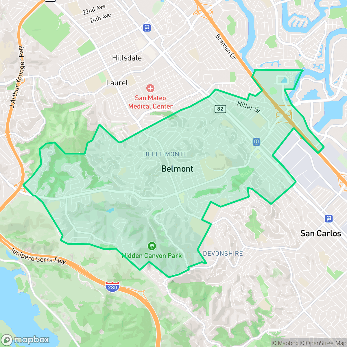 Map showing the location of Belmont, CA — coverage area