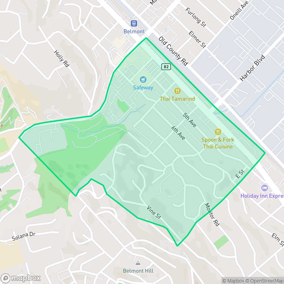 Map showing the location of Downtown, Belmont, CA