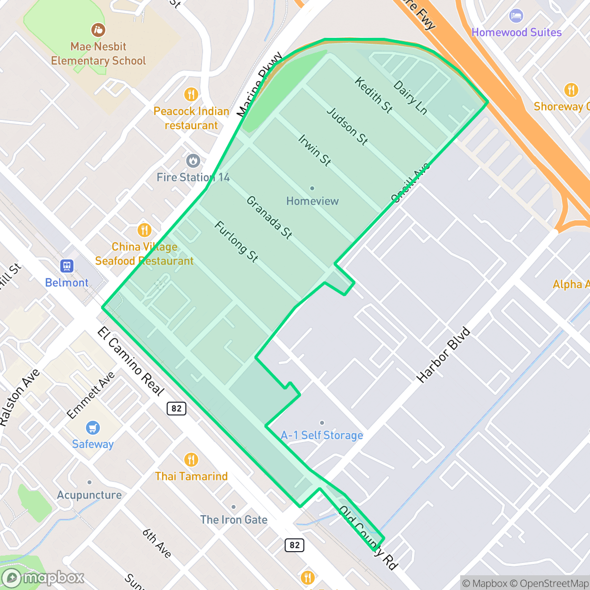 Map showing the location of Homebire, Belmont, CA