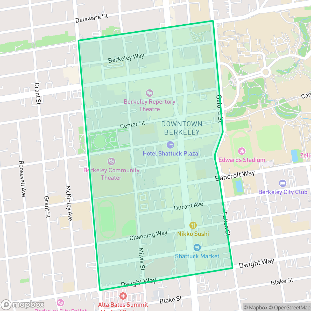 Map showing the location of Downown Berkeley, Berkeley, CA