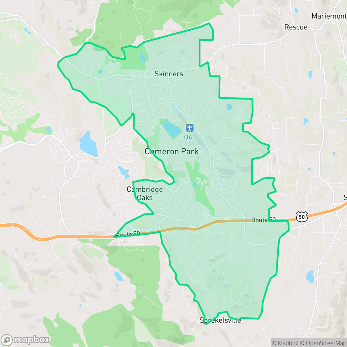 Map showing the location of Cameron Park, CA — coverage area
