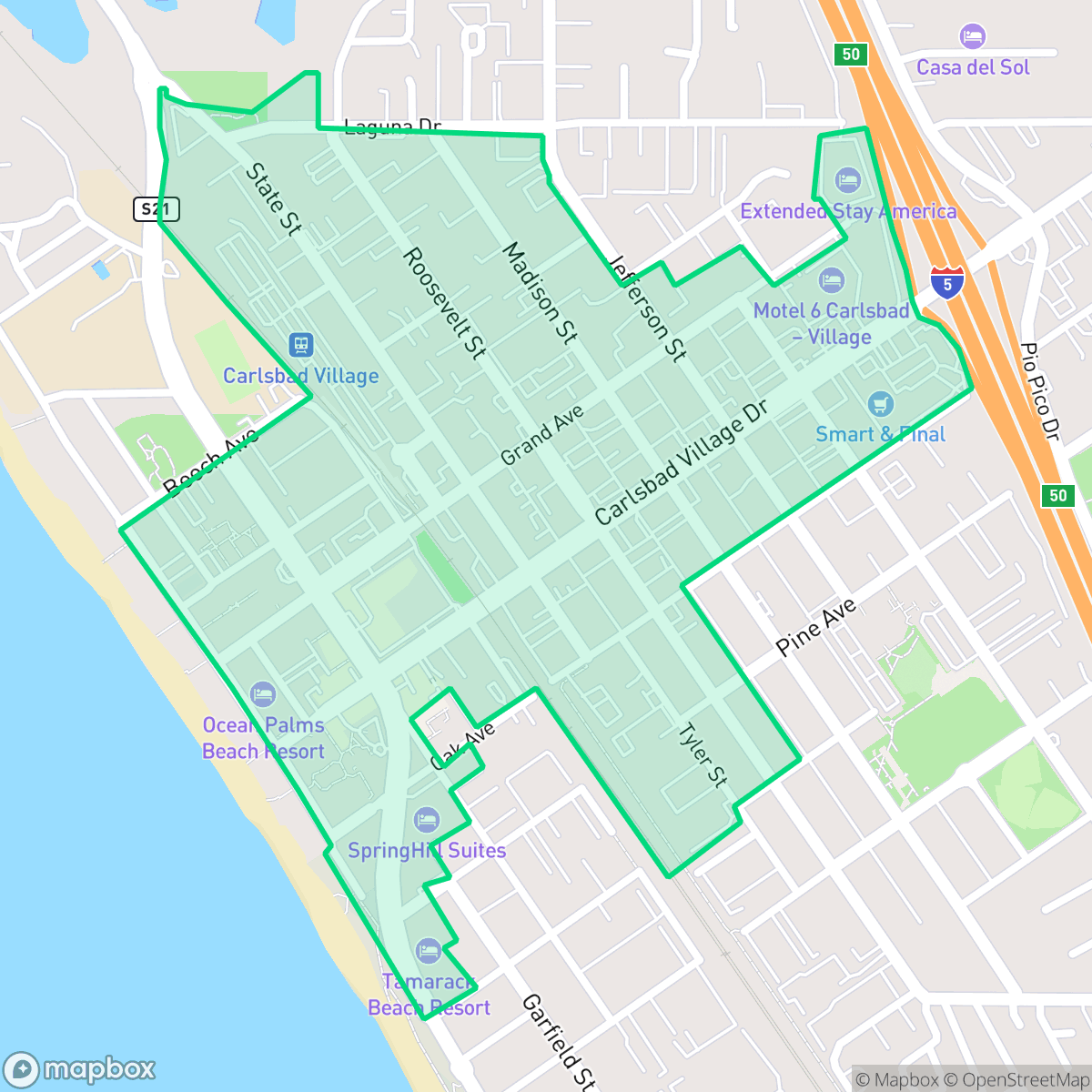 Map showing the location of Downtown Carlsbad, Carlsbad, CA