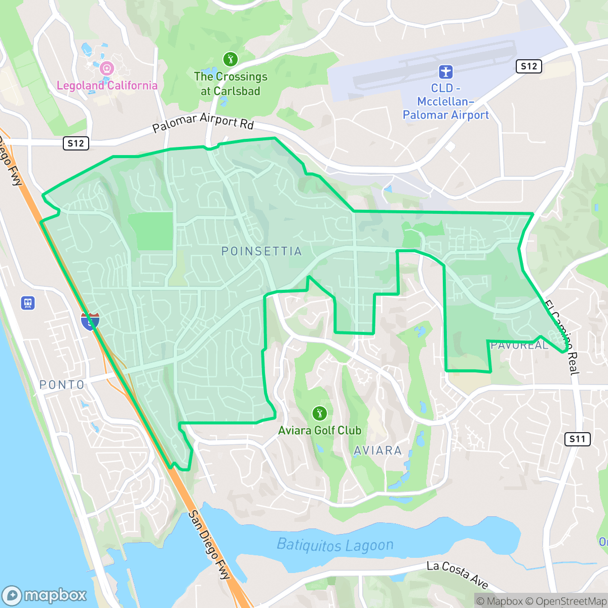 Map showing the location of Poinsettia, Carlsbad, CA