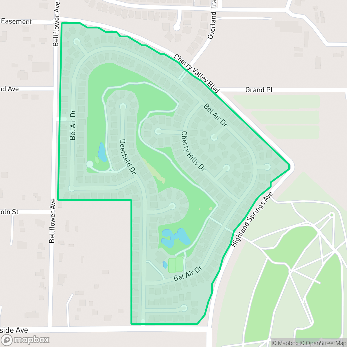 Map showing the location of Highland Springs Country Club, Cherry Valley, CA