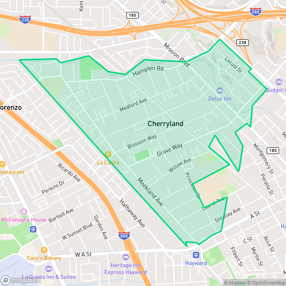 Map showing the location of Cherryland, CA — coverage area