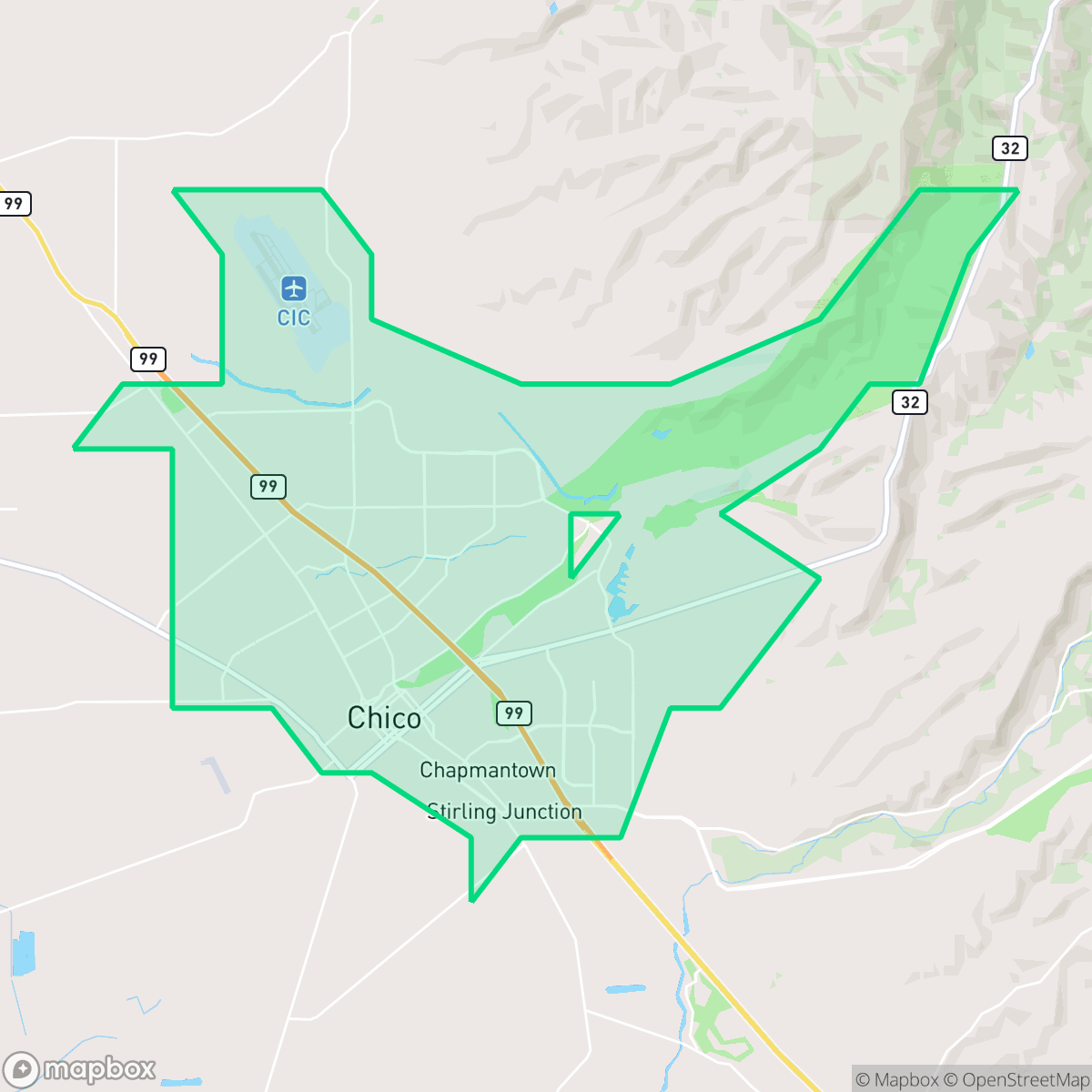 Map showing the location of Chico, CA — coverage area