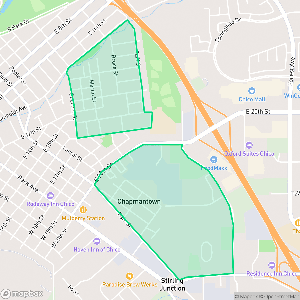 Map showing the location of Chapmantown, Chico, CA