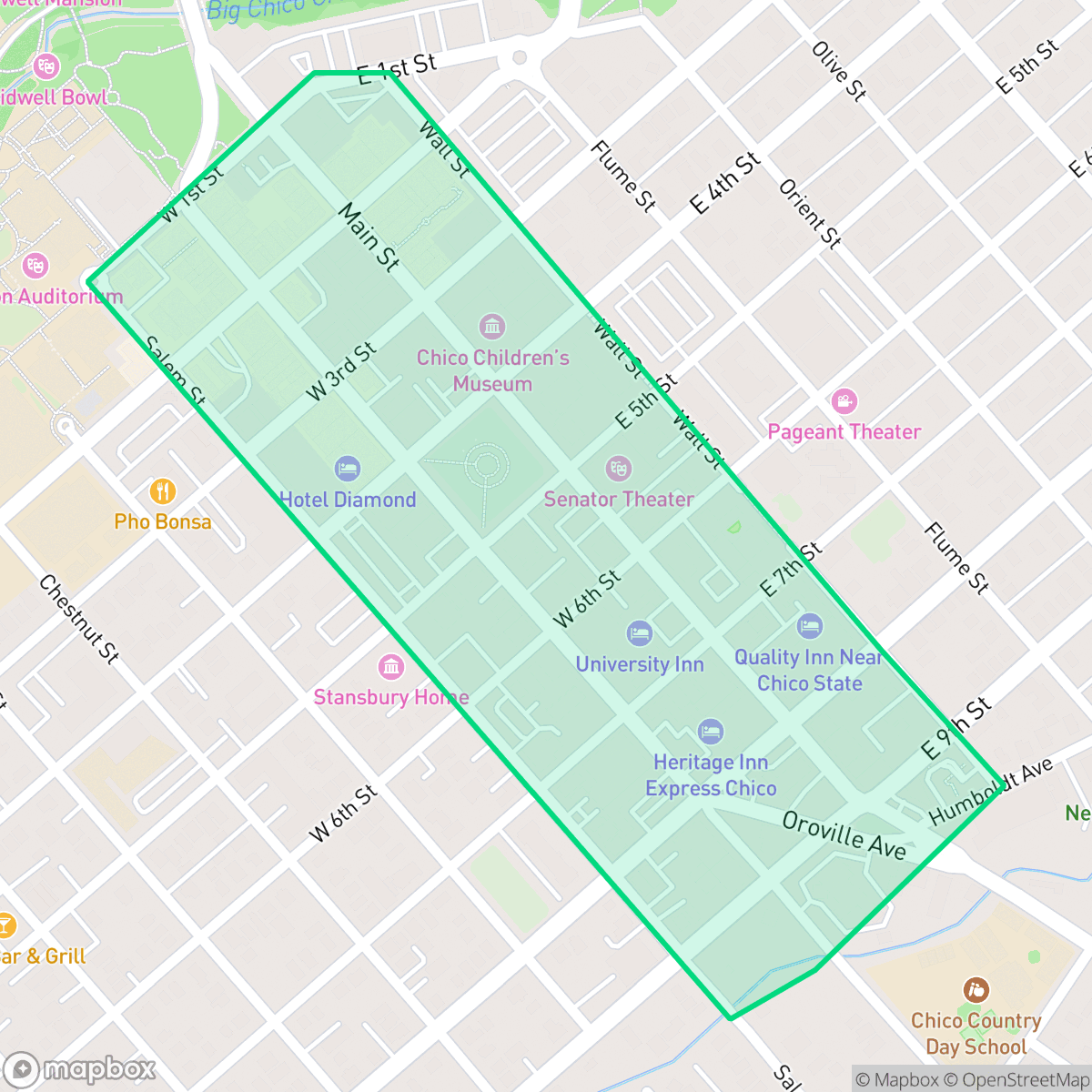 Map showing the location of Downtown, Chico, CA