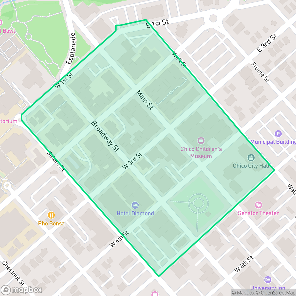 Map showing the location of No sidewalk riding district, Chico, CA
