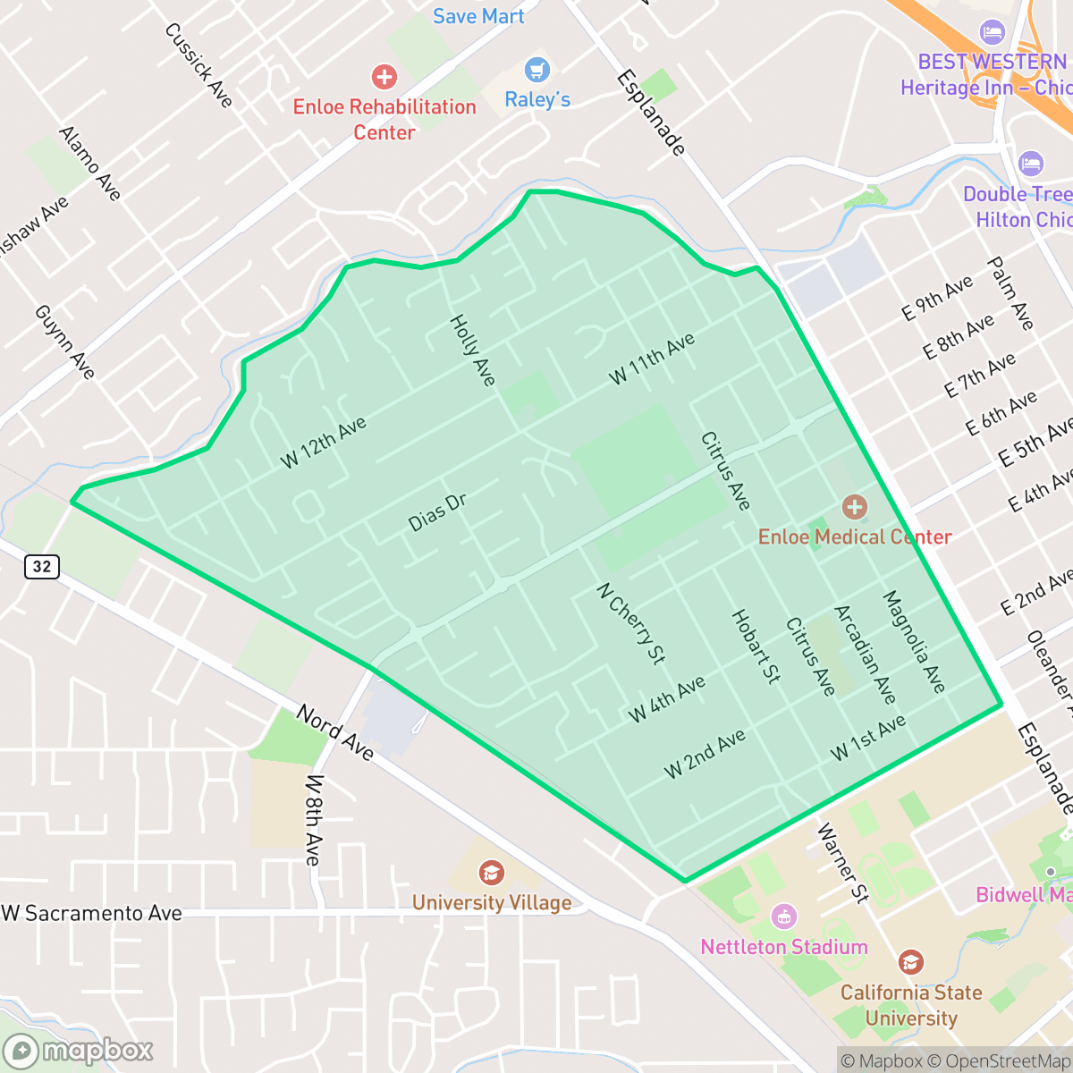 Map showing the location of The Avenues, Chico, CA
