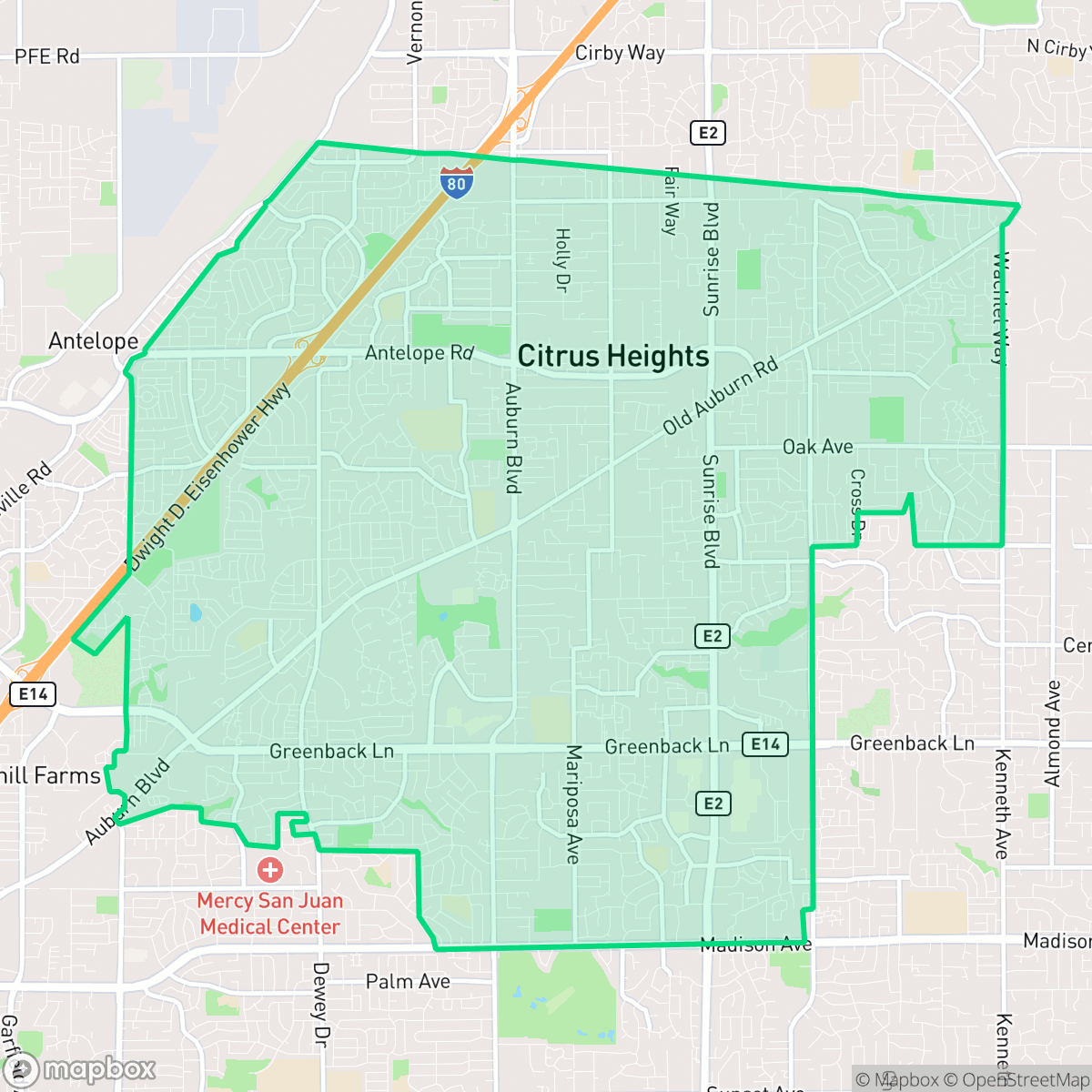 Map showing the location of Citrus Heights, CA — coverage area