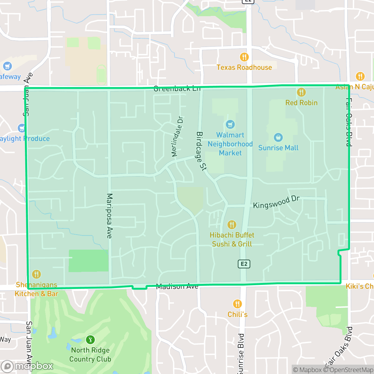 Map showing the location of Birdcage Heights, Citrus Heights, CA