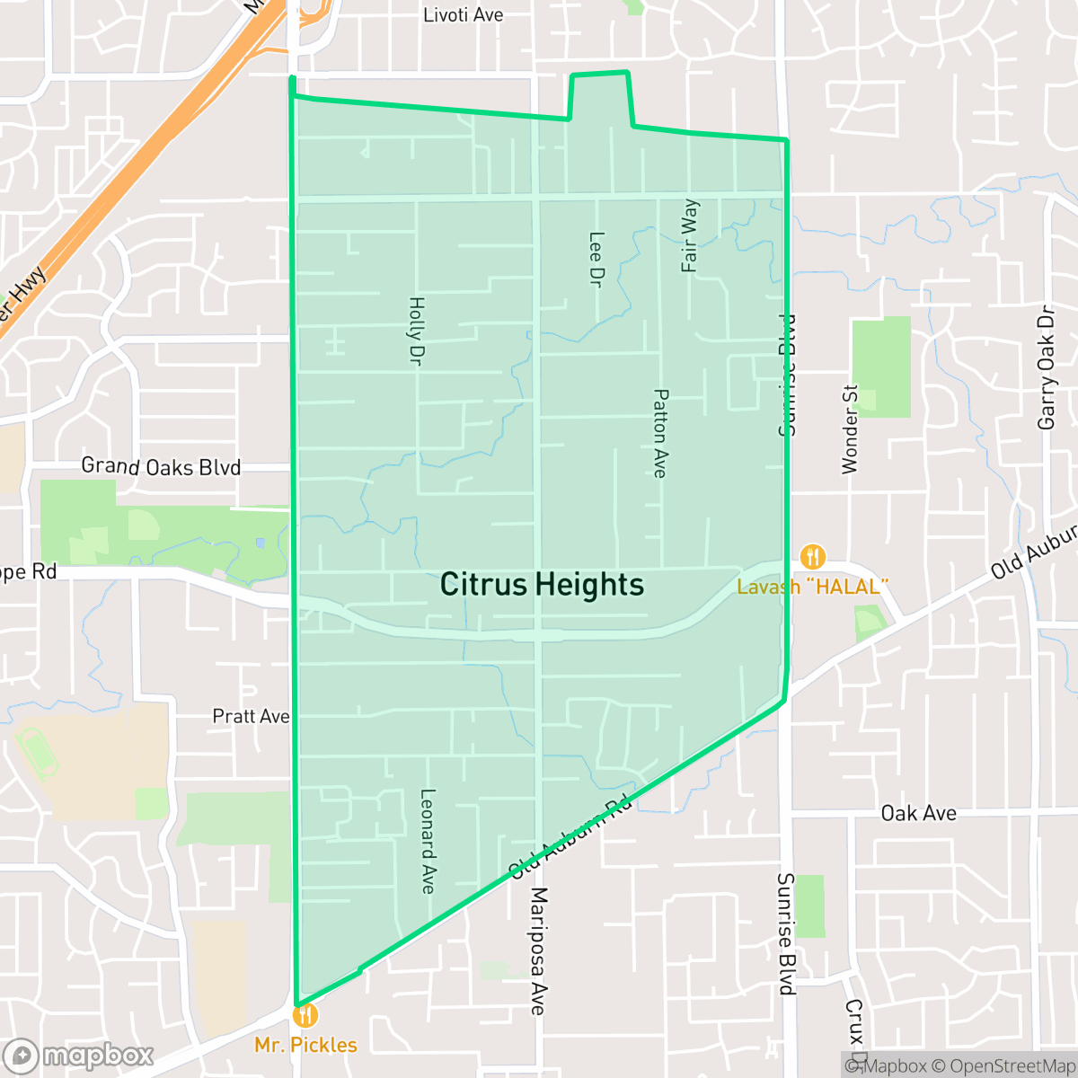 Map showing the location of Sunrise Ranch, Citrus Heights, CA