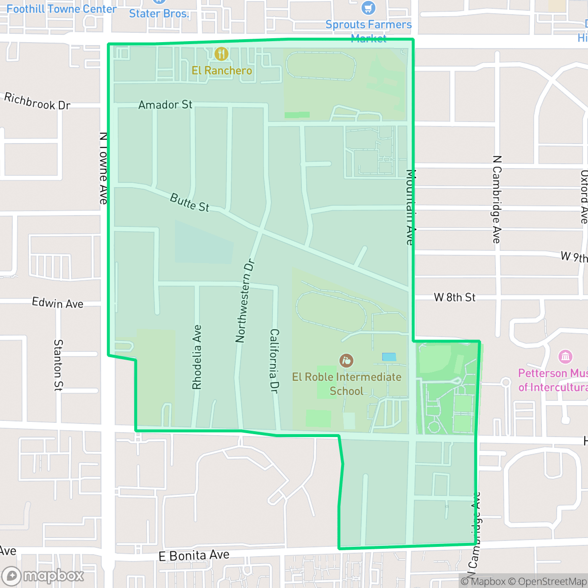 Map showing the location of Mountain View, Claremont, CA
