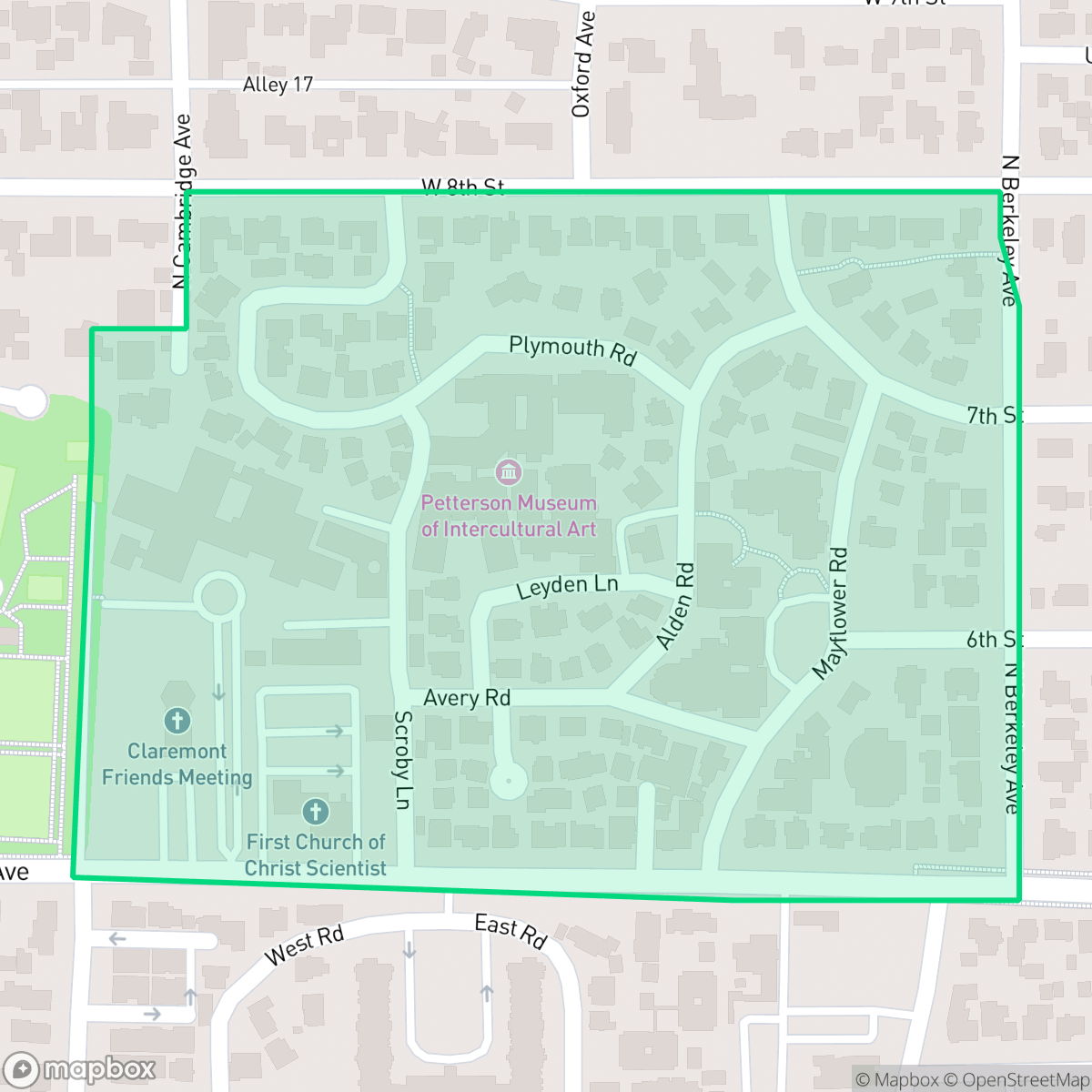 Map showing the location of Pilgrim Place, Claremont, CA