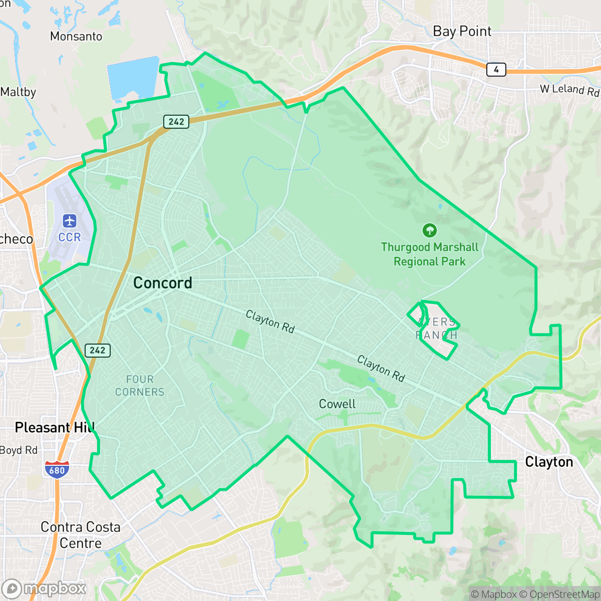 Map showing the location of Concord, CA — coverage area
