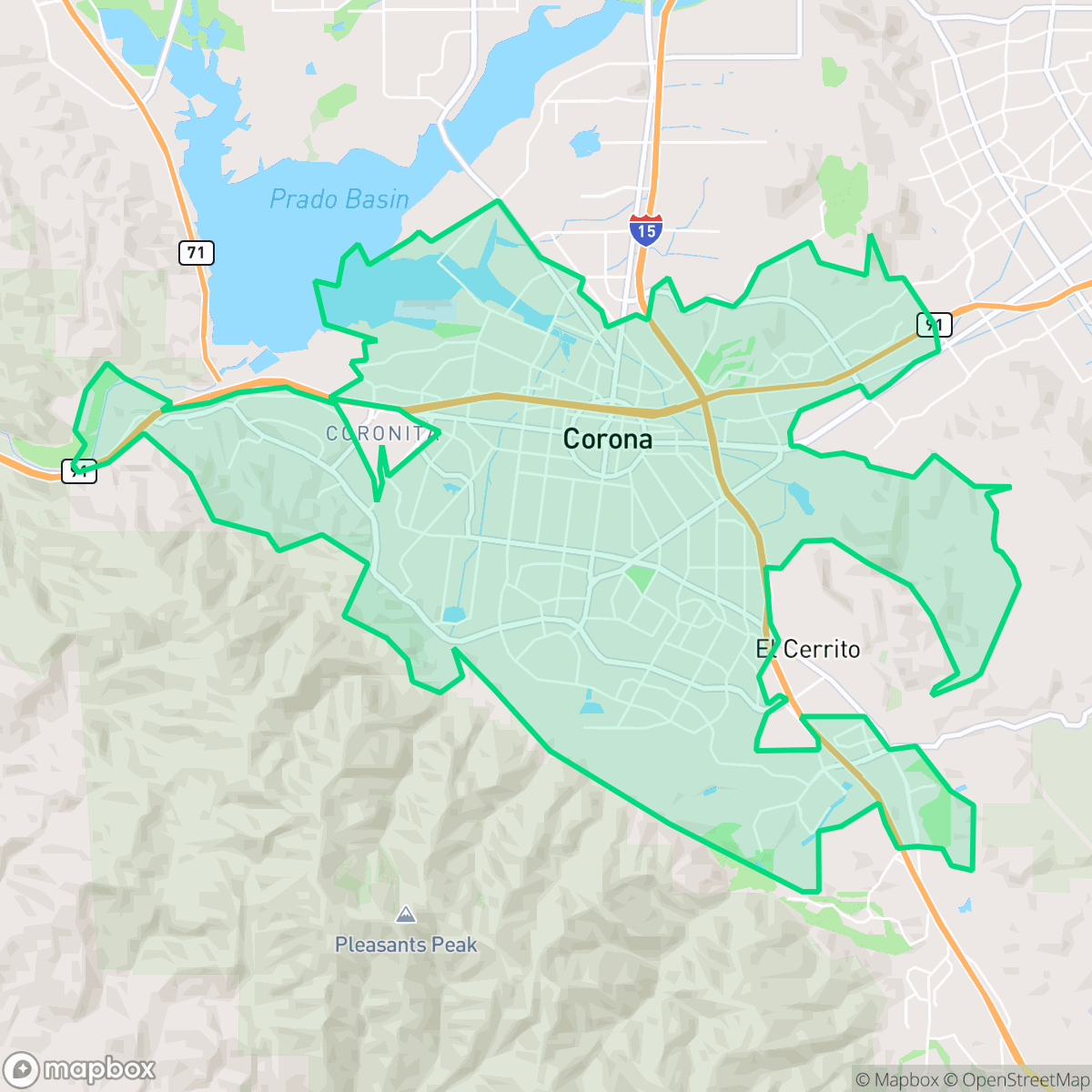Map showing the location of Corona, CA — coverage area