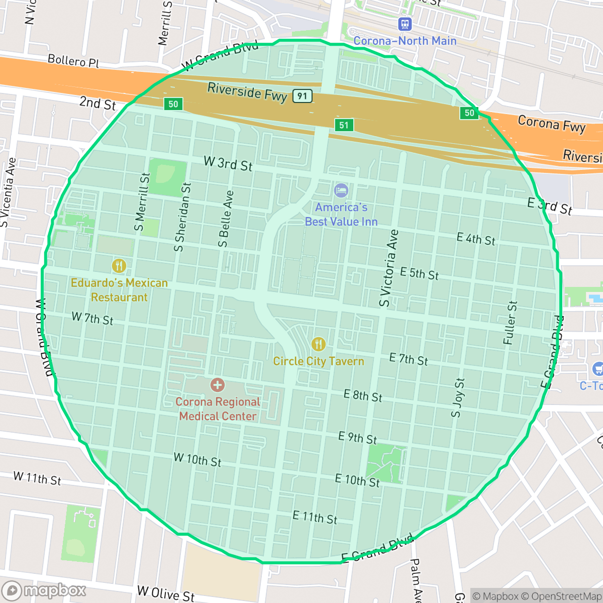 Map showing the location of Downtown, Corona, CA