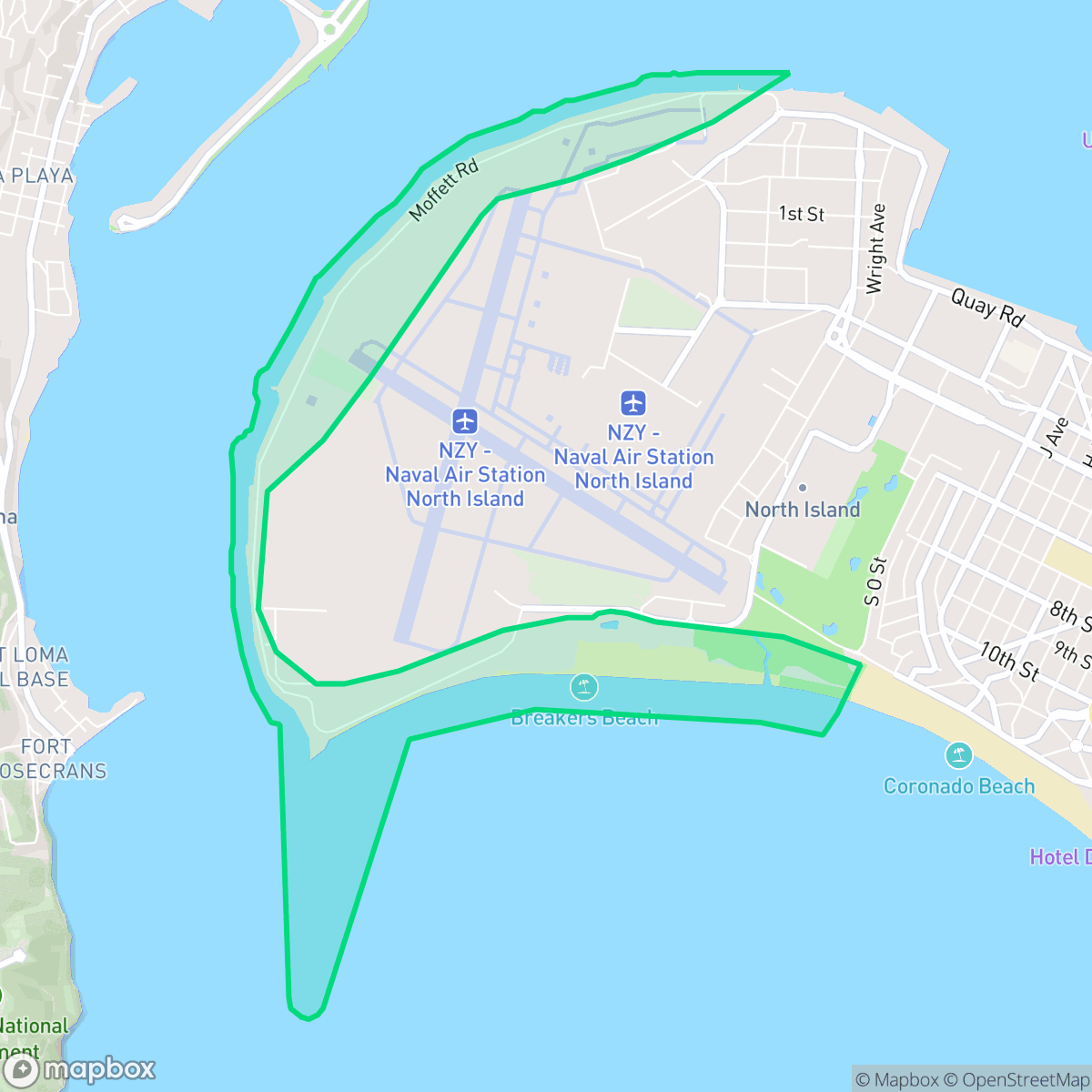Map showing the location of North Island Naval Air Station, Coronado, CA