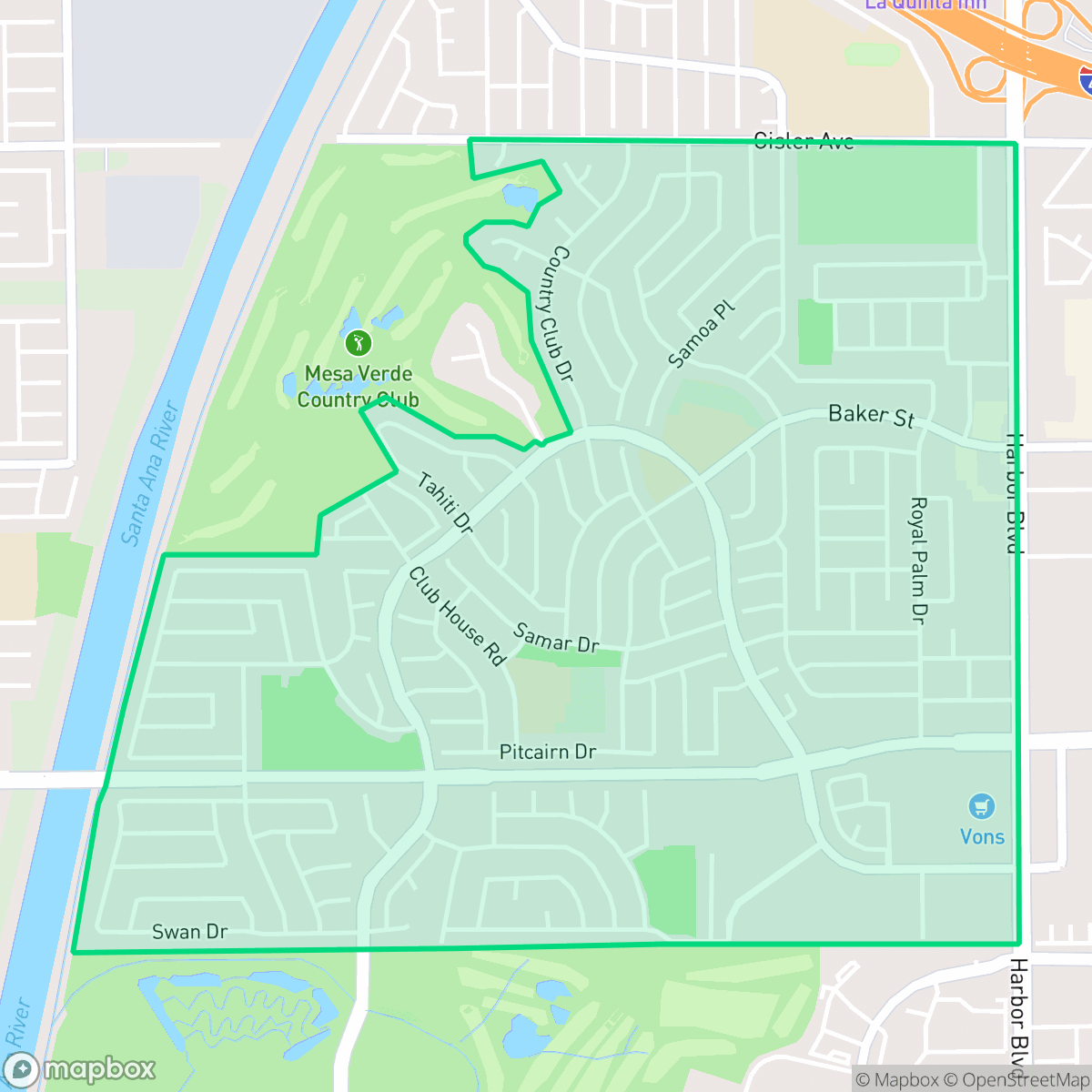 Map showing the location of Mesa Verde, Costa Mesa, CA