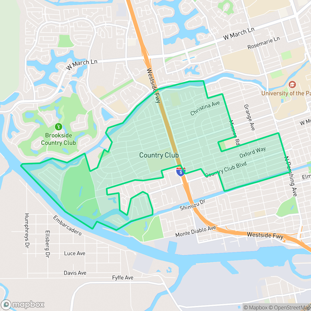 Map showing the location of Country Club, CA — coverage area