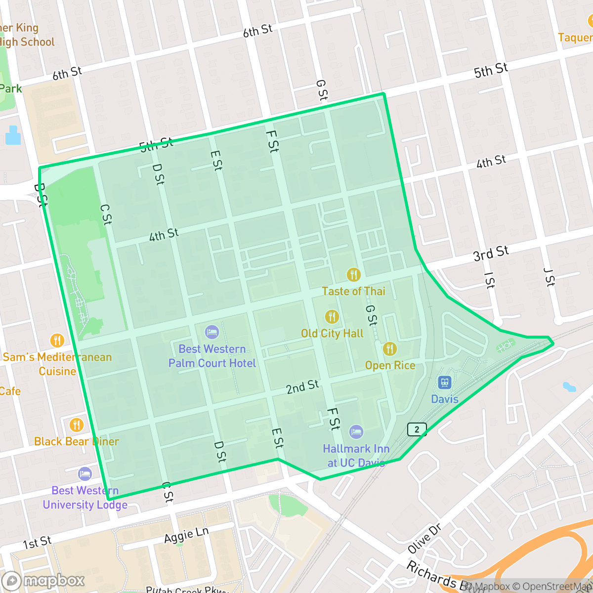 Map showing the location of Downtown Core, Davis, CA