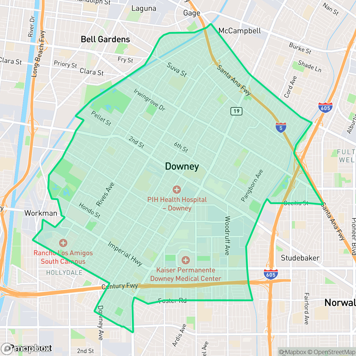Map showing the location of Downey, CA — coverage area