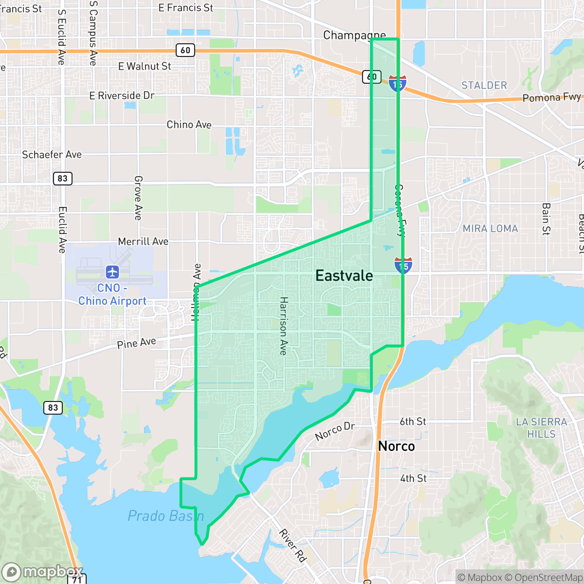 Map showing the location of Eastvale, CA — coverage area