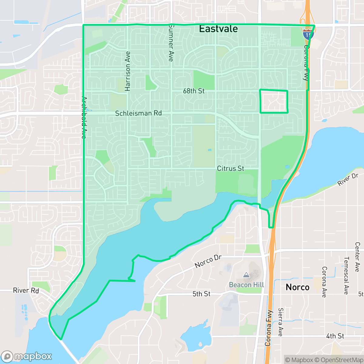 Map showing the location of Corona Valley, Eastvale, CA
