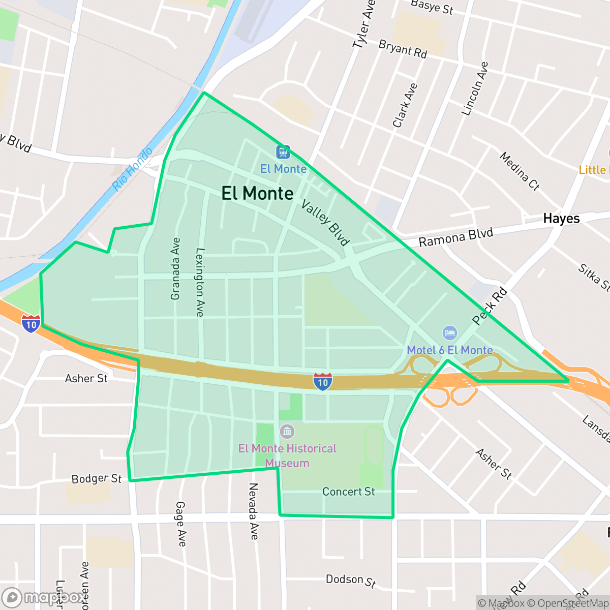 Map showing the location of Downtown, El Monte, CA